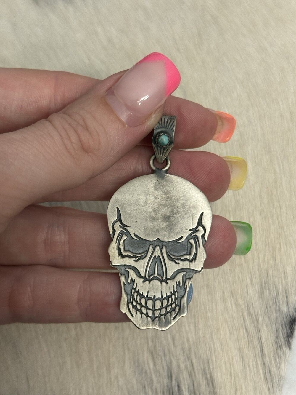 Sterling Silver Skeleton Skull Head Halloween Gothic Oddity Turquoise Pendant